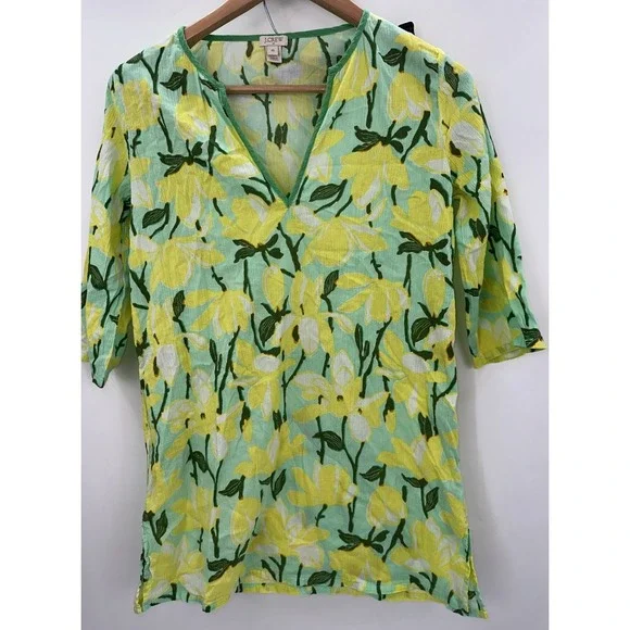 J.Crew Womens XS Swim Cover Up Tunic Dress Yellow Green Floral Print Cotton - Picture 2 of 7